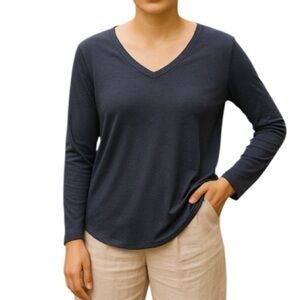 Studio V-Neck Long Sleeve Top Navy Blue Casual Pullover Size 1X